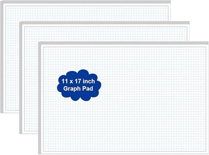 Yaridar (3-Pack) Engineering Graph Paper Pad - 17" x 11" Grid Paper for Engineering, Drafting, Blueprint Drawing, 75 Sheets/150 Pages 4x4 Blue Quad Rule by Better Office Products