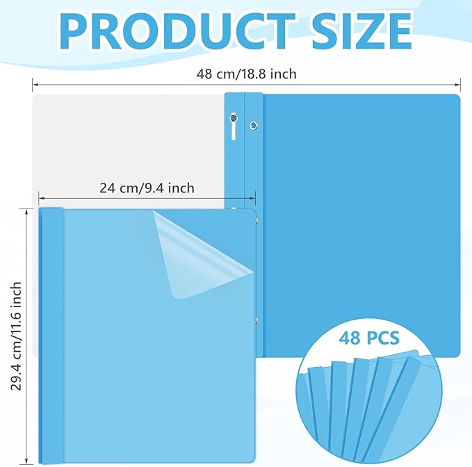 Feifeiya 48 Pack Plastic Report Covers with 3 Prongs Presentation Folders Bulk, 100 Sheet Capacity, Clear Front Report Covers for Presentation Document Paper School Office Supplies (Sky Blue)