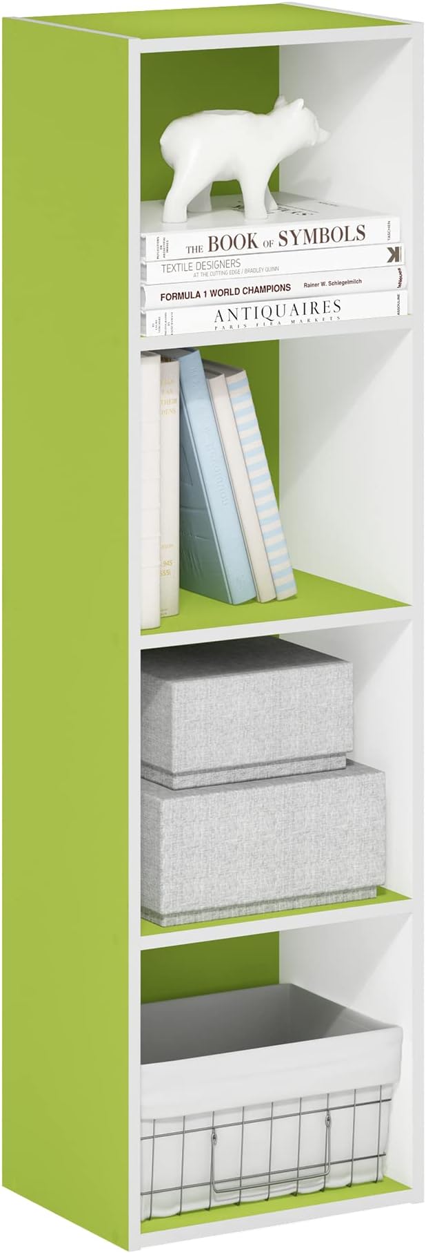 Furinno PASIR Book Shelf, 4-Tier Modern Bookshelf, Open Shelves Bookcase 9 x 12 x 42, for Living Room, Bedroom, Home Office, Green/White