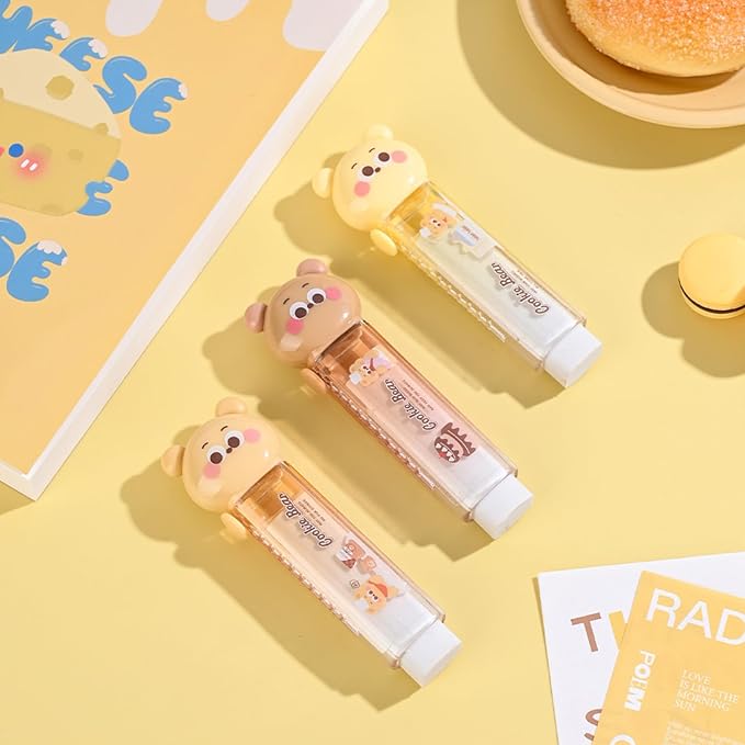 3PCS Retractable Pencil Eraser, Cute Erasers,Kawaii Bear Eraser in Three Colors,Suitable for School Home Office Supplies