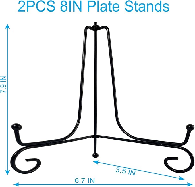 HENABLE 2PCS Premium Black Iron Plate Stands for Display 8 Inch, Decorative Solid Metal Plate Holders for Displaying, Mini Easel, Frame, Book, Card, Plaque, Bowl, Picture Stands for Display