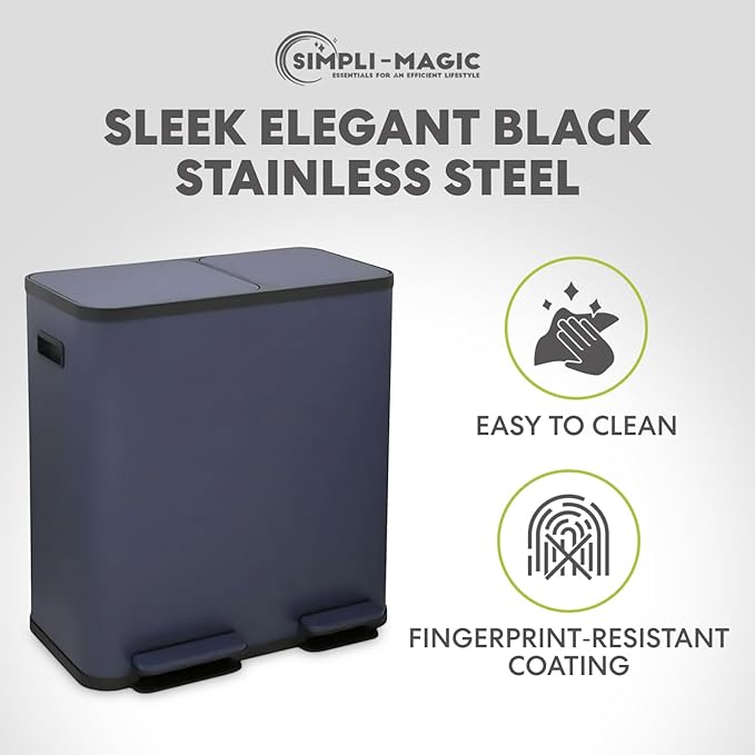 70 Liter / 18.5 Gallon Rectangular Hands-Free Dual Compartment Recycling Kitchen Step Trash Can with Soft-Close Single Lid, Stainless Steel (40L x 30L Capacity), Blue