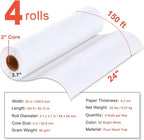 Plotter Paper 24" x 150', 2" Core 4.2 mil - 80 g/m² 20lb Bond Tracing Paper Roll for Wide Format Ink Jet Printers | Architectural Blueprints, Engineering Drawings, CAD, Custom-Sized Prints (4 Rolls）