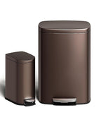 Garvee 13 gal (50 L) and 2.6 gal (10 L) Metal Trash Can Combo Set, Rustproof Garbage Can with Lid, Step-on Trash Bin with Inner Bucket, Rear Handle, Brown