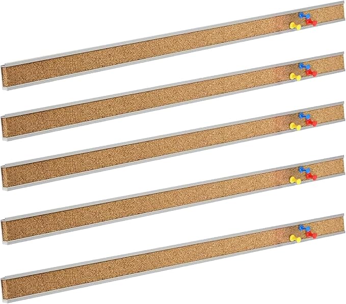 Corksidol Bulletin Bar Strip, Cork Board, Cork Strips, 36" x 1", Classroom, Office, Walls, Cubicle, Aluminum Frame,5 Pack, Silver