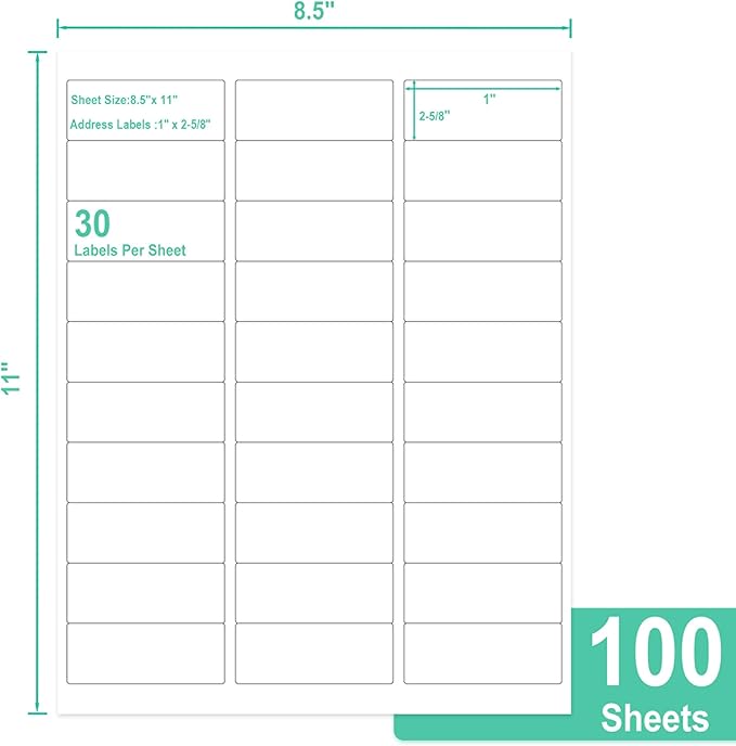 L LIKED Printable Address Labels, 1" x 2-5/8", 3,000 Stickers, 30 per Sheet, Mailing Labels for Envelopes (100 Sheets)
