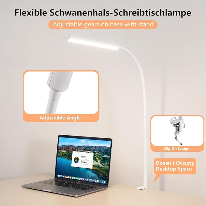 FAPEMIH LED Desk Lamp for Office Home, Adjustable Flexible Eye-Caring Desk Light with,5 Modes 10 Brightness Adjustment, USB Adapter Desk Lamp with Clamp-LK-W