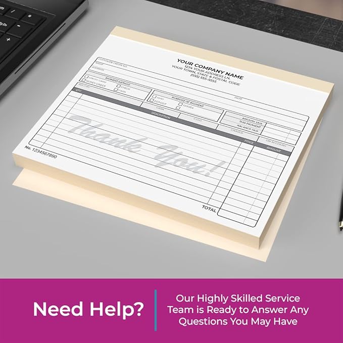 Custom 8.5" x 7" Carbonless NCR Books in 3-Part Triplicate Invoices, Receipts, Work Orders, Sales Orders, Purchase Orders, Estimates, Quote Forms with Your Company/Business Name (66 Sets)
