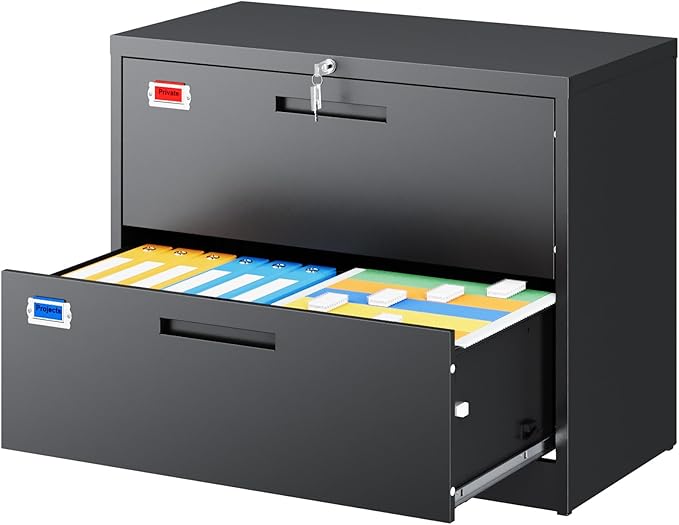 PEUKC 2 Drawer File Cabinet, Lateral Filing Cabinets for Home Office, Office Storage Drawers with Lock, Hanging Files Legal/Letter A4 Size (Assemble Required,Black)