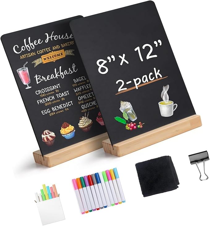 Double-Sided 8x12Inch Chalkboard with Wood Stand Erasable Memo Board for Home Office Classroom Decor & Daily Organization Desktop Chalkboard Set