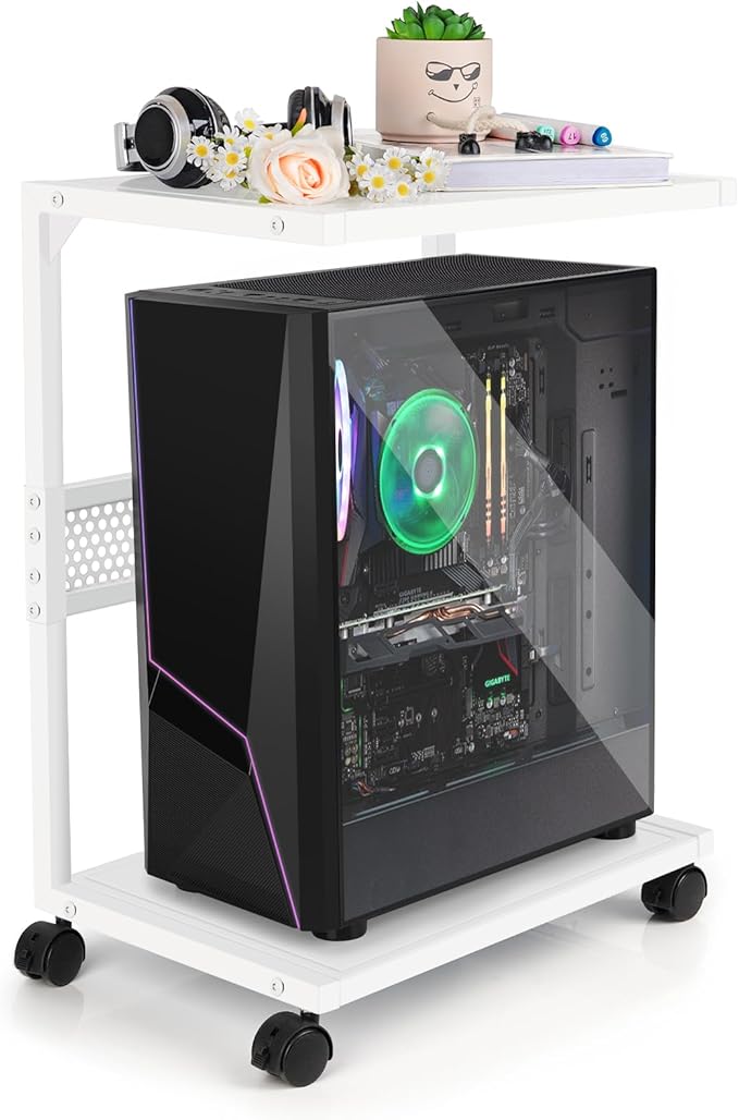 Bfttlity PC Stand Computer Tower Stand 2-Tier Metal CPU Holder with Locking Caster Wheels Suitable for Most PC (S,White)
