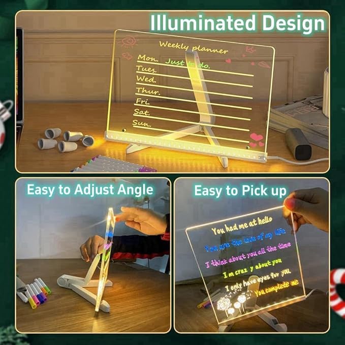 Led Note Board with Colors, 12” X 8” Acrylic Led Light Up Message Board, Acrylic Dry Erase Memo Arts Doodle Desktop Note Illuminated Wordpad Writing Board for Home Shop Christmas etc