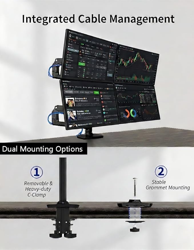 Ergounion Quad Monitor Mount, Holds Screens up to 40 Inches and 25 lbs, Fully Adjustable 4 Monitor Stand with C-Clamp and Grommet Base, Aluminum, Black