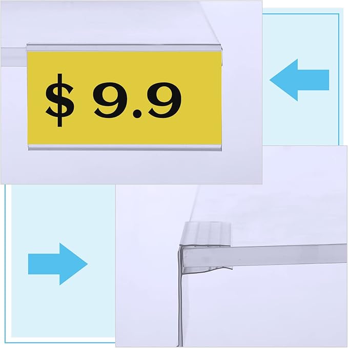Qunclay 100 Pcs Shelf Label Holder Glass Wood 1.25 x 3 Inches Clear Plastic Clip on Labels Shelf Tags for Wire Shelving 0.15'' to 0.4'' Shelves Sign Price Tags