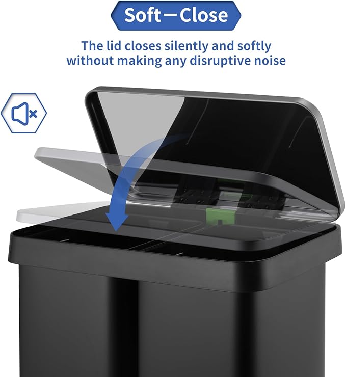 ComfyCorner 16 Gallon Dual Compartment Trash Can, Hands-Free Recycling Rectangular Garbage Bin, Stainless Steel Step-On Dustbin with Soft-Close Lid, Removable Inner Buckets, for Kitchen Home