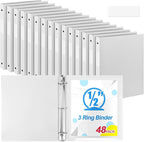 Henoyso 48 Pcs 3 Ring Binder 0.5 Inch Round Fits Letter Size 8.5'' x 11'' Paper Plastic Flexible Binder Bulk Holds 140 Sheets with 1 Pockets Versatile Organizer for Home Office School (White)