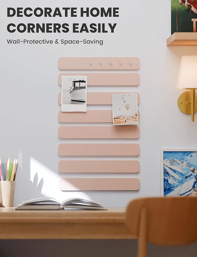 Fluxynara Cork Board Alternative Felt Strip Board 8-Pack 13"x2", Office Pin Board with 50 Push Pins, Adhesive Install for Bedroom Door & Home Office(Pink)