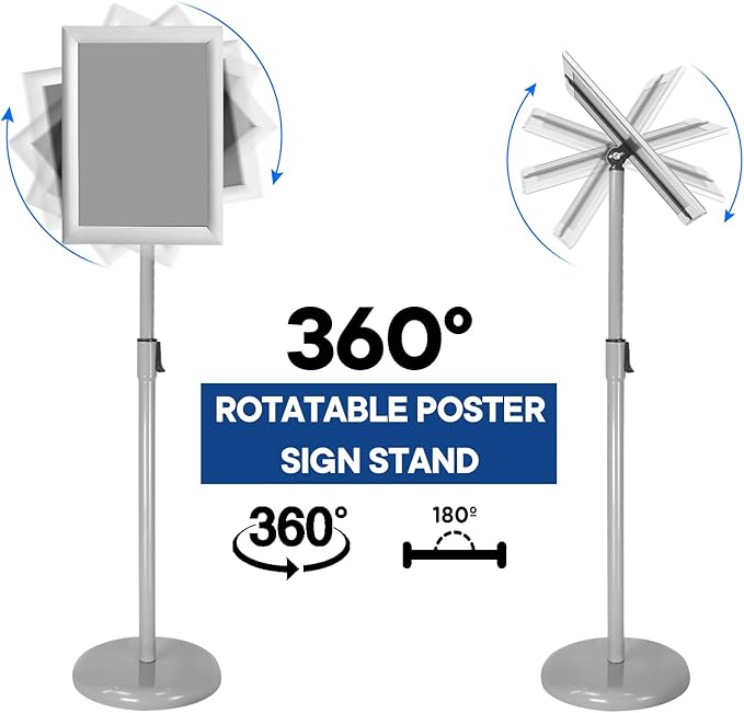 SENZHIYI Adjustable Poster Stand Holder Heavy Duty Snap Open Aluminum Pedestal Floor Standing Sign Holder Vertical and Horizontal View Sign Displayed 8.5x11 Silver（2pack
