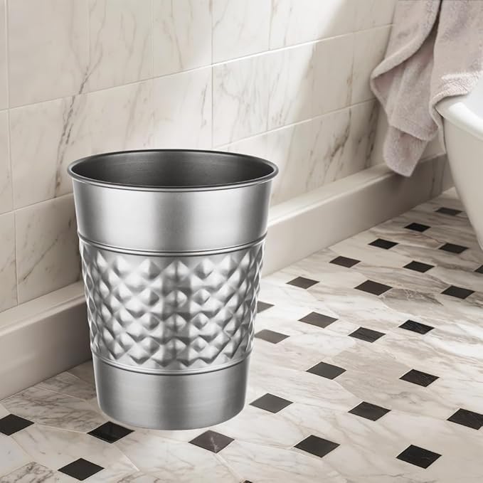 Monarch Abode Metal Bathroom Trash Can – Waste Basket for Bedroom, Office Desk, & Dorm, Handcrafted Geo Embossed, Durable Decorative Pewter Small Trash Can Bathroom Garbage Bin Wastebasket