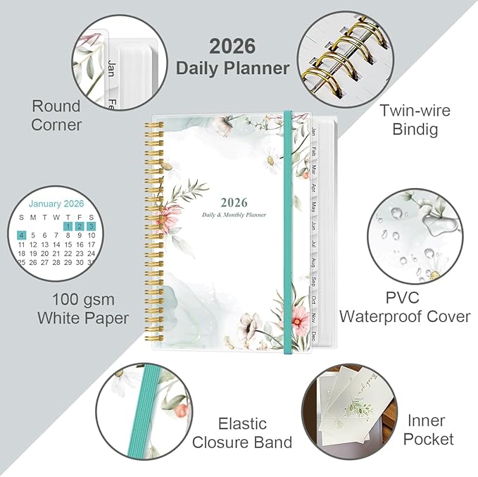 Daily Planner 2026 Full Page Per Day- 2026 Daily & Monthly Planner from January 2026 to December 2026, Day Planner 2026 with 12 Months Tabs, 6.4" x 8,5", Pink Flowers