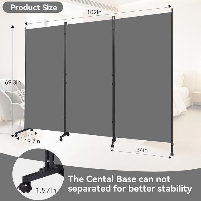Room Divider (3 Panel) Wall Divider for Room Separation, 102 inch Wide Portable Privacy Screens W/Wheels, Metal Frame Freestanding Room Separators 5.6FT Room Partitions and Dividers