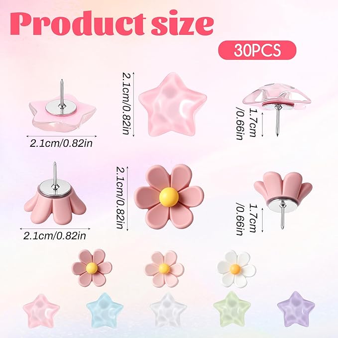 Sibba Thumb Tacks 30 PCS Colorful Cute Push Pins for Bulletin Board Star-Shaped Thumbtacks Decorative Flower Thumbtacks for Office Home and School Cork Board Cubicle Wall Accessories (Rainbow Colors)