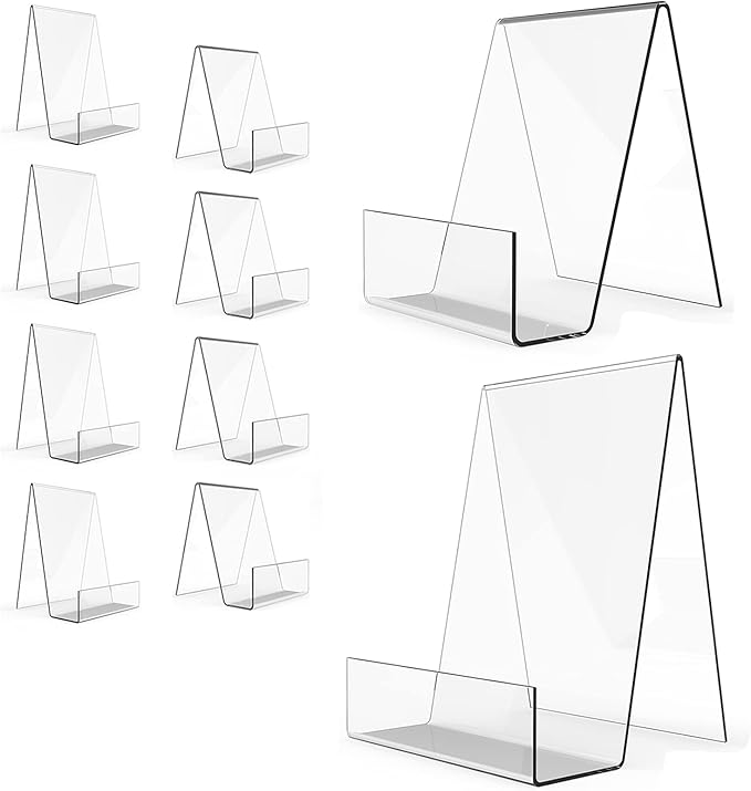 Boloyo Acrylic Book Stand with Ledge,10PC Clear Acrylic Display Easel Transparent Display Stand Holder Tablet Holder for Displaying Books,Magazine,Plate,Pictures,Artworks, CDs