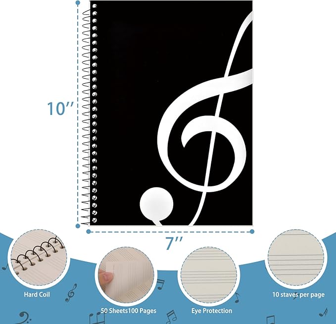 DOMMI Blank Sheet Music Composition Notebook 2 Packs, Manuscript Staff Paper Notebook with 200 Pages 26x19cm, Spiral Bound Music Songwriting Notebook for Songwriters, Musicians, Teachers, Black