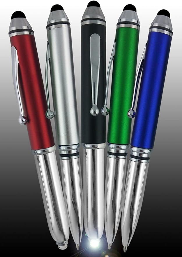 Promotional Pens with your Personalized Text or Custom Business Logo- Bulk 150 Pack- for Marketing, Parties, and Events, 3 in 1 LED Flashlight + Ballpoint Pen + Stylus for Touchscreen Devices, Green