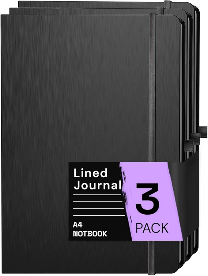 ONAVIA A4 Lined Journal Notebook, 8mm Ruled Notepad, Journaling for Writing, Work, School, Travel and Note Taking, Hardcover 160 Pages (80 Sheets) 8.27 x 11.6 inches (3 Pack Black)