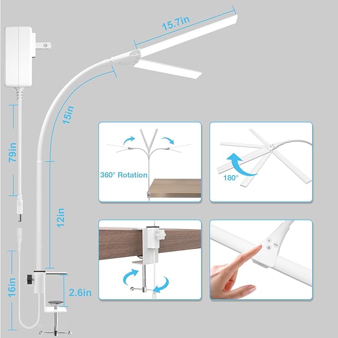LED Desk Lamp, 31.5'' Wide Double Head Desk Lamps for Home Office, Dimmable 25 Lighting Modes 16W 1800lm Bright Task Lighting, Eye Caring Architect Table Lamp for Workbench Monitor Study, White