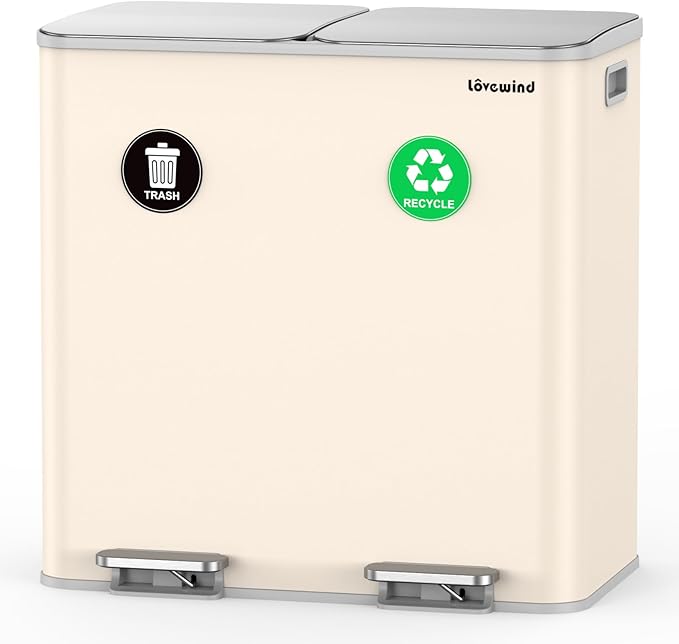 Lovewind Trash Can, 2 x 10.5 Gallon (2 x 40 L) Garbage Can for Kitchen Dual Compartment Recycling Kitchen Step Trash Bin, Stainless Steel Trash and Recycle Bin Combo with Soft-Close Lid, Apricot