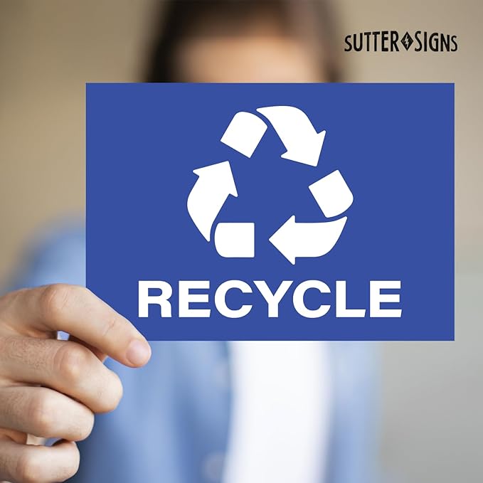 4pc Recycle Stickers + 4pc Trash Stickers | Weatherproof Vinyl Sticker Recycling Signs for Trash Bins, 7" x 10"