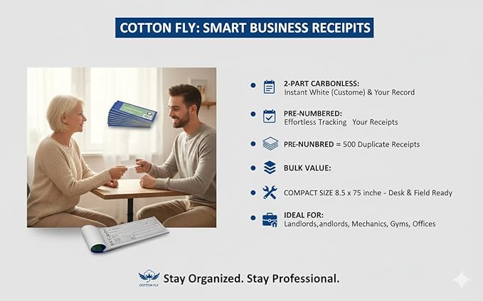 Cotton Fly 10 Pack Pre-Numbered Money and Rent Receipt Book, 2-Part Carbonless Duplicate Cash Invoice Book, 50 Sets per Book, 8.5 x 2.75 Inches