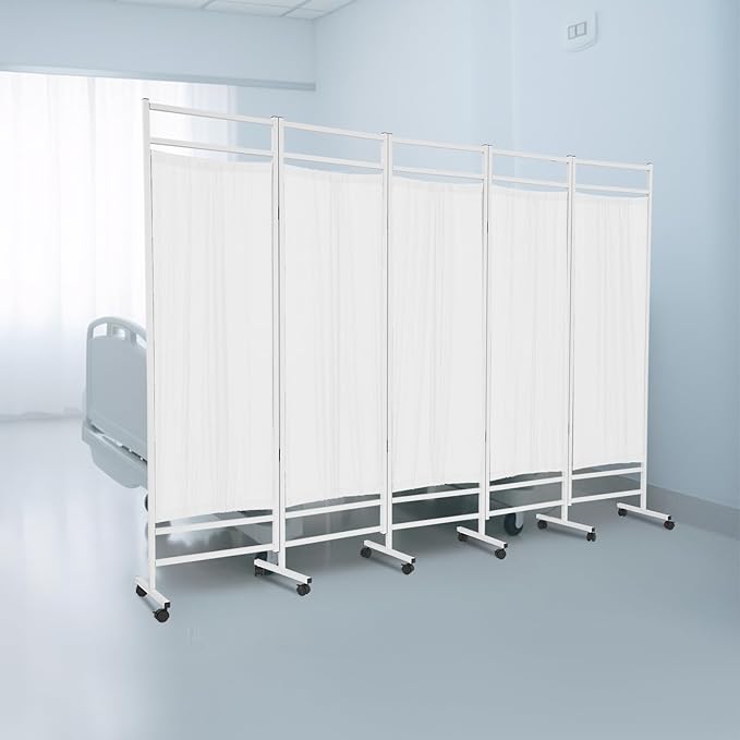 Medical Privacy Screens, Waterproof Nylon Fabric, 98.4 * 70.9 in Foldable Rolling Medical Privacy Screen with Silent Wheels, Suit for Hospitals, Clinics, and Nursing Homes (White, 5 Panels)