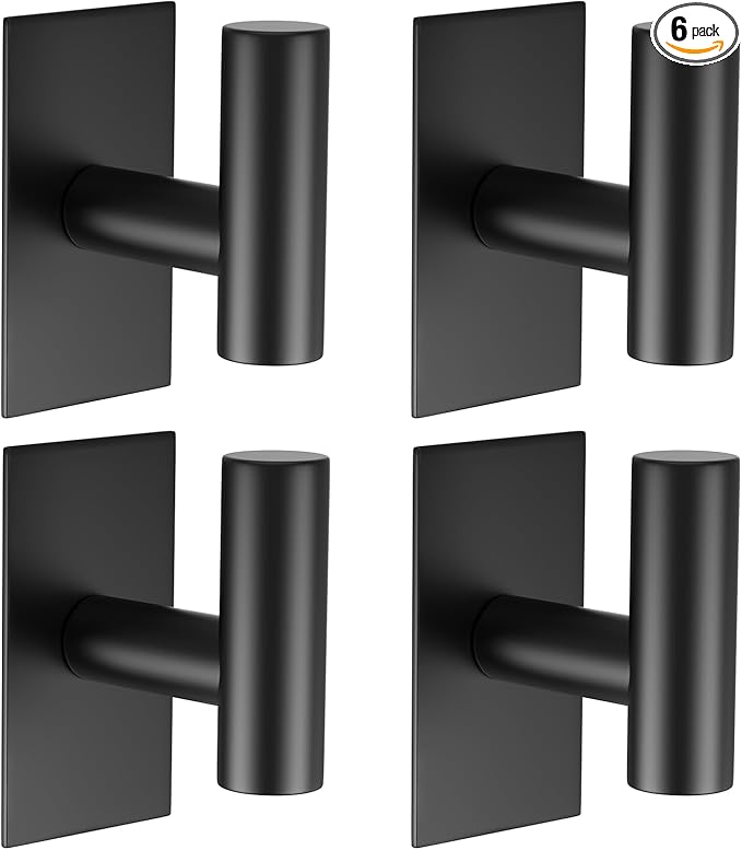 VAEHOLD Wall Towel Hooks, Heavy Duty Sticky Holder Waterproof Towel Hooks for Hanging Coat, Clothes, Closet Hook Wall Mount for Kitchen (Black, 4 Pack)
