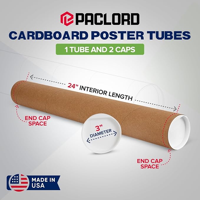 Paclord 3" x 24" Reinforced Kraft Paper Mailing Tube, Pack of 1 Tube with 2 Caps – Secure USPS Approved Poster Tube – Cardboard Tube for Shipping and Storing Posters, Prints, Artwork, or Documents