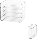 FANXIYQ 4-Tier Stackable Paper Tray Organizer for Desk with Detachable Hanging Pen Cup - Durable PET Desktop Paper Organizer, Space-Saving Desk Accessory