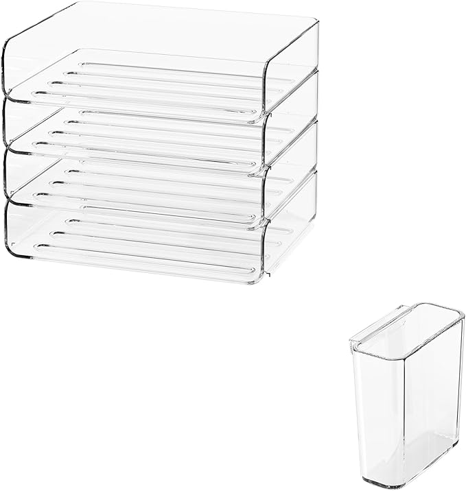 FANXIYQ 4-Tier Stackable Paper Tray Organizer for Desk with Detachable Hanging Pen Cup - Durable PET Desktop Paper Organizer, Space-Saving Desk Accessory