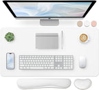 Bloss Leather Desk Pad and Keyboard Wrist Rest, Large Mouse Pad + Keyboard Pad+Mouse Wrist Support, Non-Slip Desk Mat Protector for Office, Home(31.5×15.7 Inches,White)
