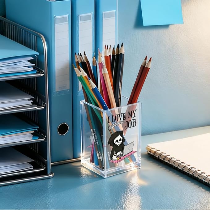 QYUVK I Love My Job Acrylic Makeup Brush Pencil Holder Cup, Funny Grim Reaper Pen Holder For Friends HR Nurse, Office Sarcastic Gifts for Women Coworker Employees, Gag Gifts for Office Desk
