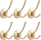 TOFIIGREM Gold Wall Hooks, 6 Pack Coat Robe Hook Heavy Duty Metal Double Bath Hook Wall Mounted, Hand Towel Hooks for Cubicle Bathroom Kitchen Closet Garage