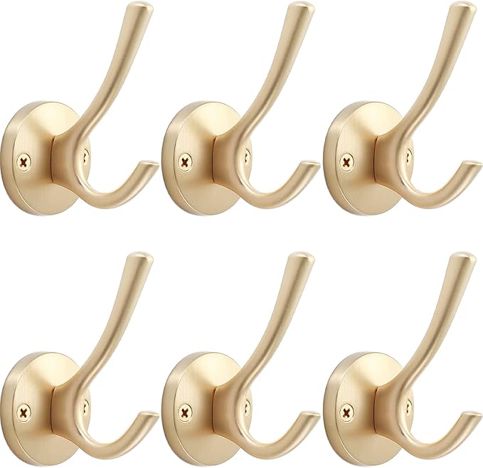 TOFIIGREM Gold Wall Hooks, 6 Pack Coat Robe Hook Heavy Duty Metal Double Bath Hook Wall Mounted, Hand Towel Hooks for Cubicle Bathroom Kitchen Closet Garage