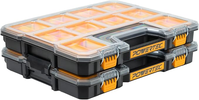 POWERTEC Small Parts Organizer & Tool Box – 20 Compartments, IP65 Water & Dust Protection, Stackable Storage with Interlocking Latch, Removable Bin, Divider, Clear Lid, Portable Design, 2PK (72366-P2)