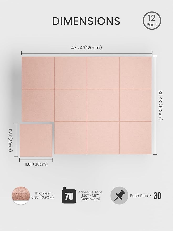 Bumusty Large Cork Board 47"x35" Alternative - 12 Pack Felt Wall Tiles with 70 Safe Removable Adhesive Tabs, 30 Pushpins, Cork Boards for Walls Pin Board Bulletin Board Office Decor (Pink)