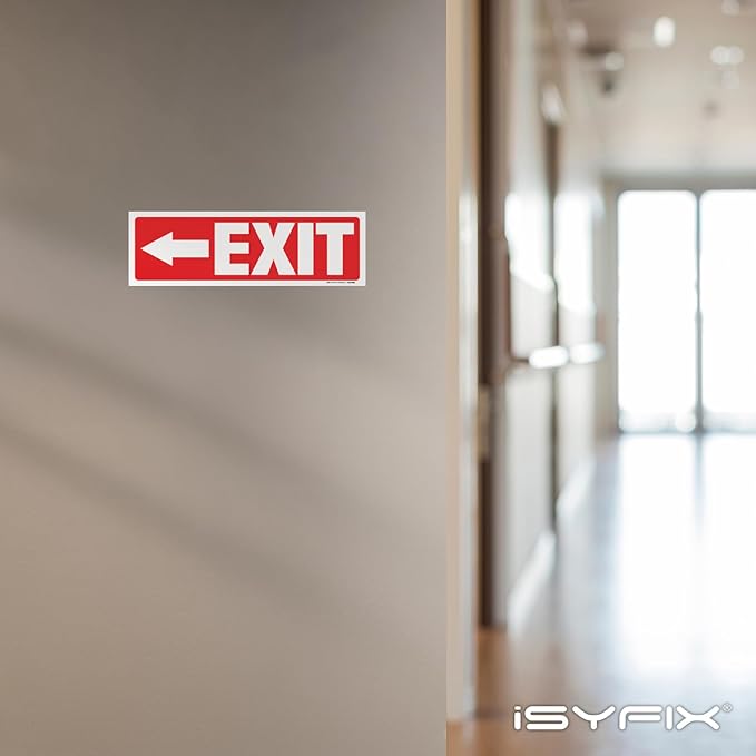 iSYFIX Exit Signs Stickers 6 Pack 12x4 Inch - Laminated Premium Vinyl Directional Left Arrow Signs for Buildings, Office, Workplace, Stores, Schools, Theaters, Parking, Restaurants, Factories