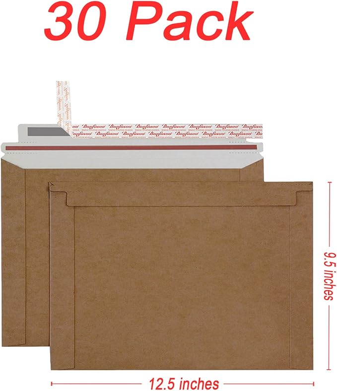 Bonfasvo Rigid Mailers 30 Pack 9.5 x 12.5 inches Brown Self Seal Stay Flat Bulk Cardboard Kraft No Bend Mailers Peel and Seal for Document Photos Pictures Papers Files CD