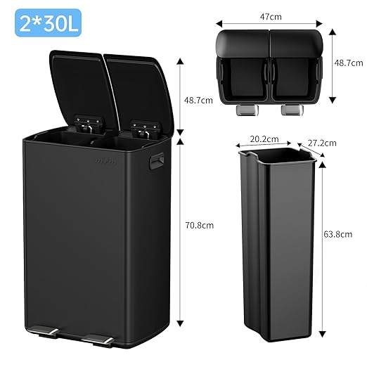 mVm Kitchen Trash Can,2 x 8 Gallon (2 x 30 L)Dual Trash and Recycle Bin Combo with Lid And Anti-Fingerprint,Soft-Close,Foot-Pedal Stainless Steel Garbage Can for Kitchen,Living Room,Dining Room(Black)