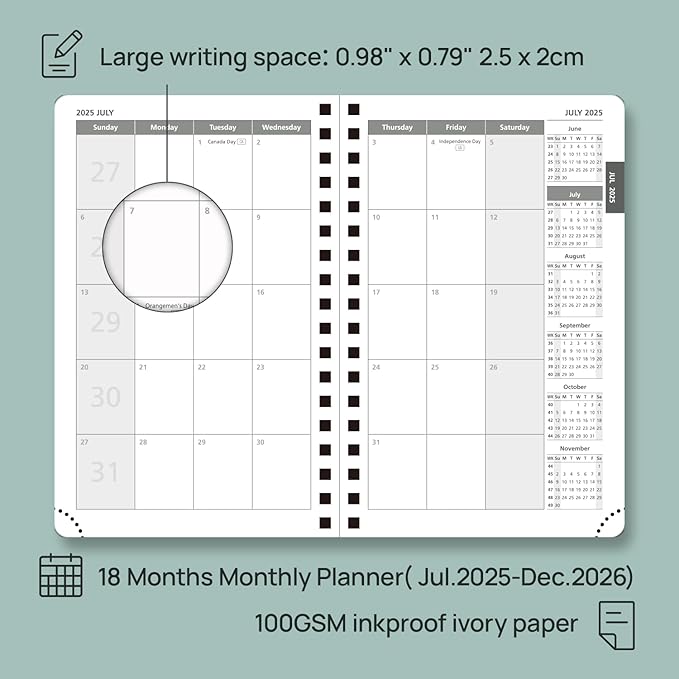 POPRUN Monthly Planner 2025-2026 Pocket Size (4" x 6.25") 18 Months Calendar (Jul 2025 - Dec 2026) - 4 Pages per Month with Monthly Expense & Notes, Sunday Start, Leather Cover - Burgundy