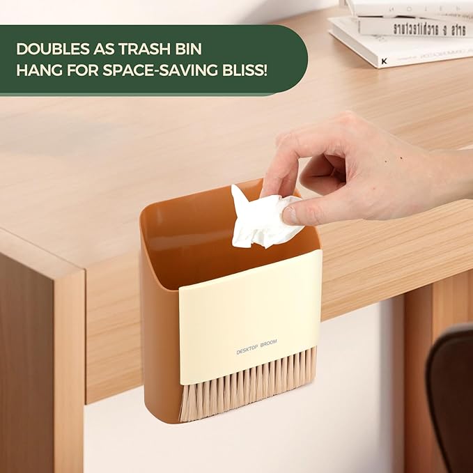 SAYAPE Small Broom and Dustpan Set, Portable Hand Whisk Broom Brush, Mini Hanging Trash Can, Soft Bristle Household Brooms with Dust Pan Combo Set for Cleaning Home, Desktops - 2 Pack (Gray+Green)